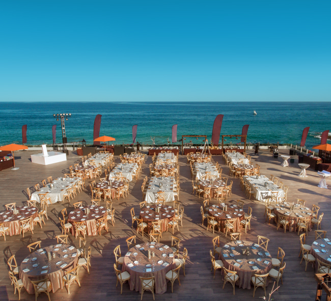 Elegant outdoor wedding reception setup at Los Cabos hotel of Grand Velas Resorts