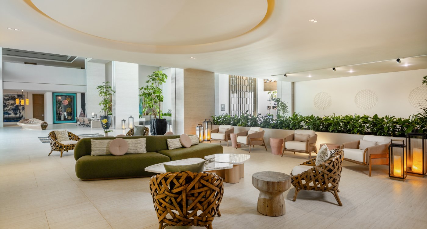 Circular seating area in lobby of Grand Velas Boutique Hotel Los Cabos